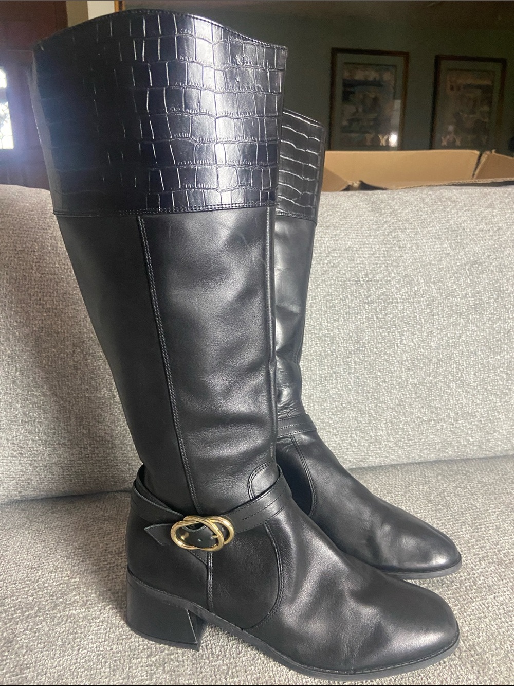 Marc Fisher Black Knee-High Leather Boots with Croc-Texture Cuff size 10